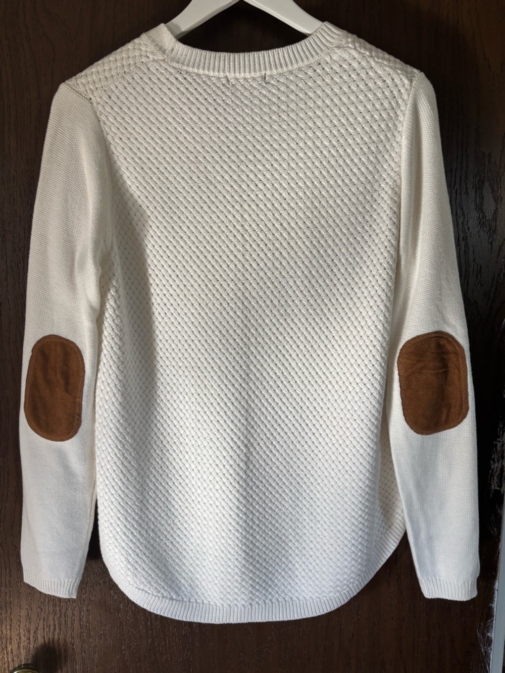 White Knit Sweater with Brown Elbow Patches